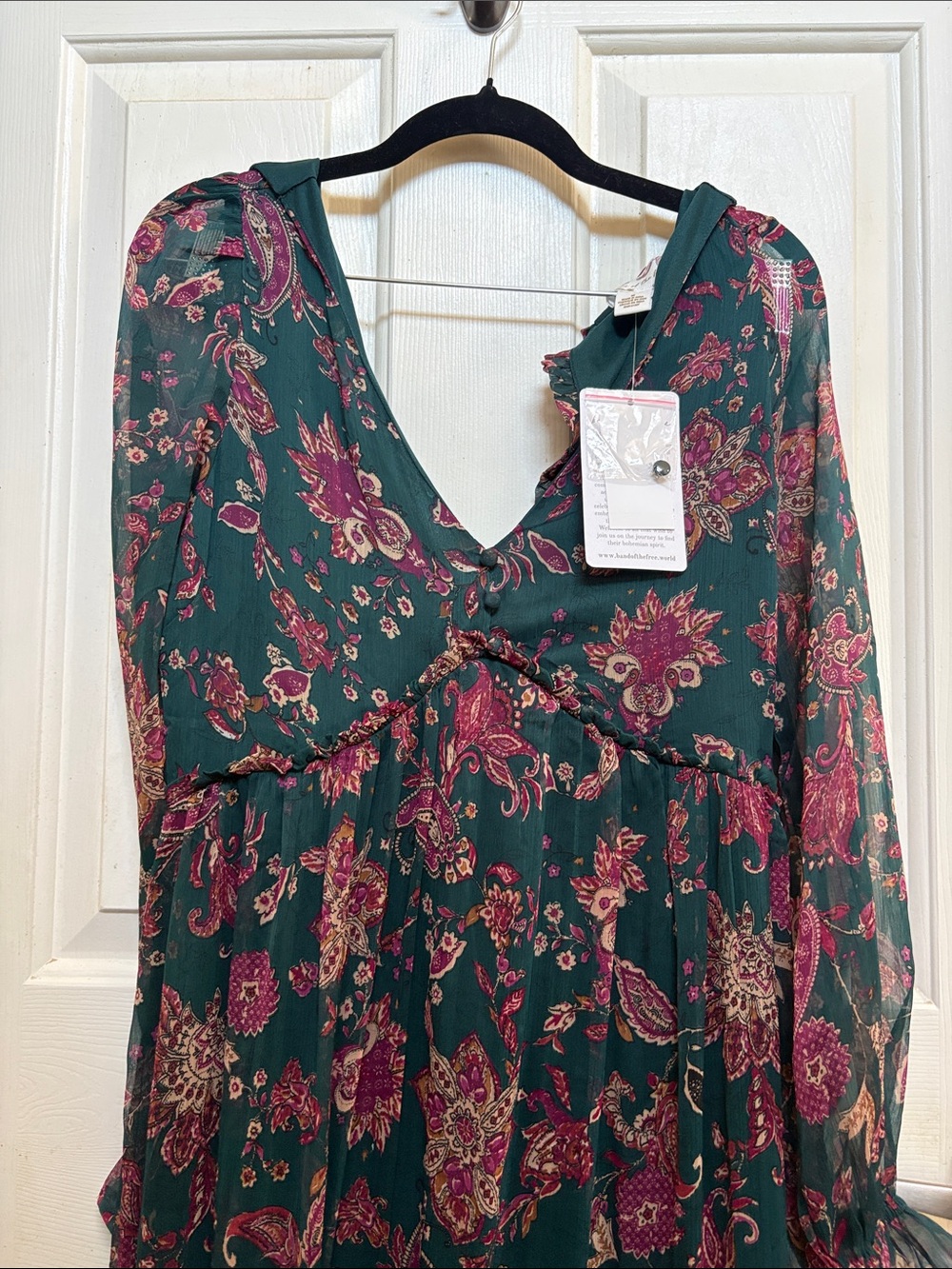 Long Sleeve Floral Maxi Dress in Deep Green and Magenta